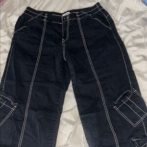 Garage Black Cargo Pants with White Stitching